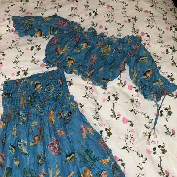 Alemais Otto Fish-Print Textured Cotton Crop Top and Maxi Blue Skirt